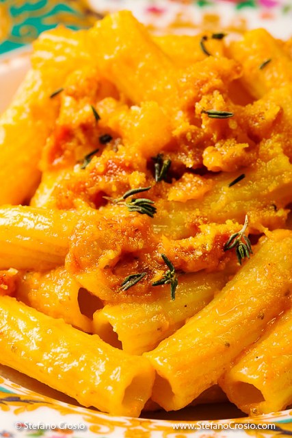 Peppers and pancetta tortiglioni