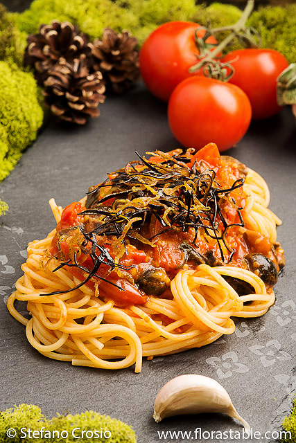Tomato, olive and eggplant spaghetti