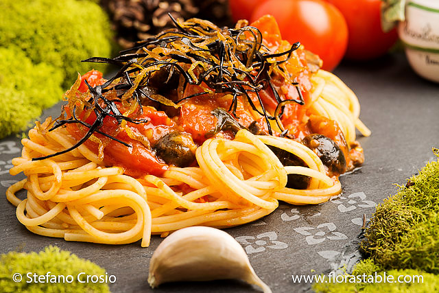 Tomato, olive and eggplant spaghetti