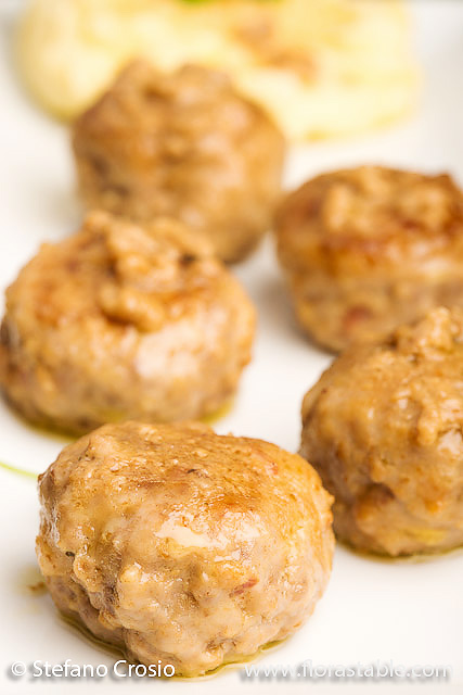 Speck and pea shoot meatballs