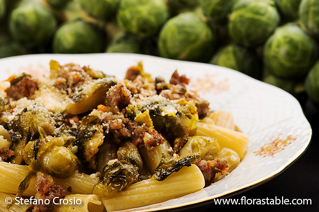 Brussel sprout and hot sausage tortiglioni