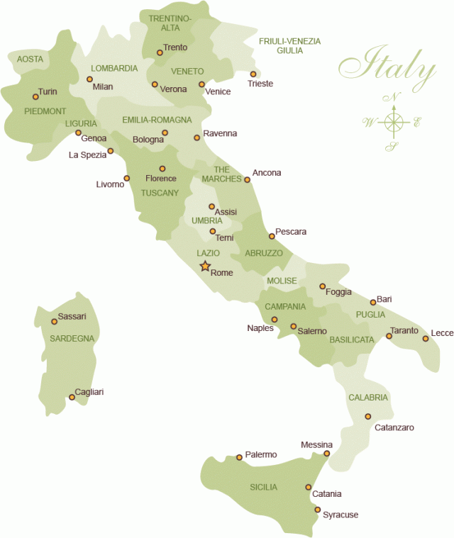 Map of Italy and Its Regions - Courtesy of Cooking Vacations (click on map to go to website)